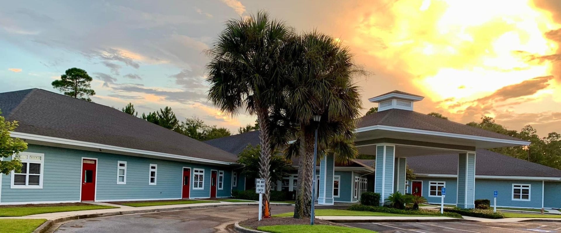 Modern building with palm tree at sunset